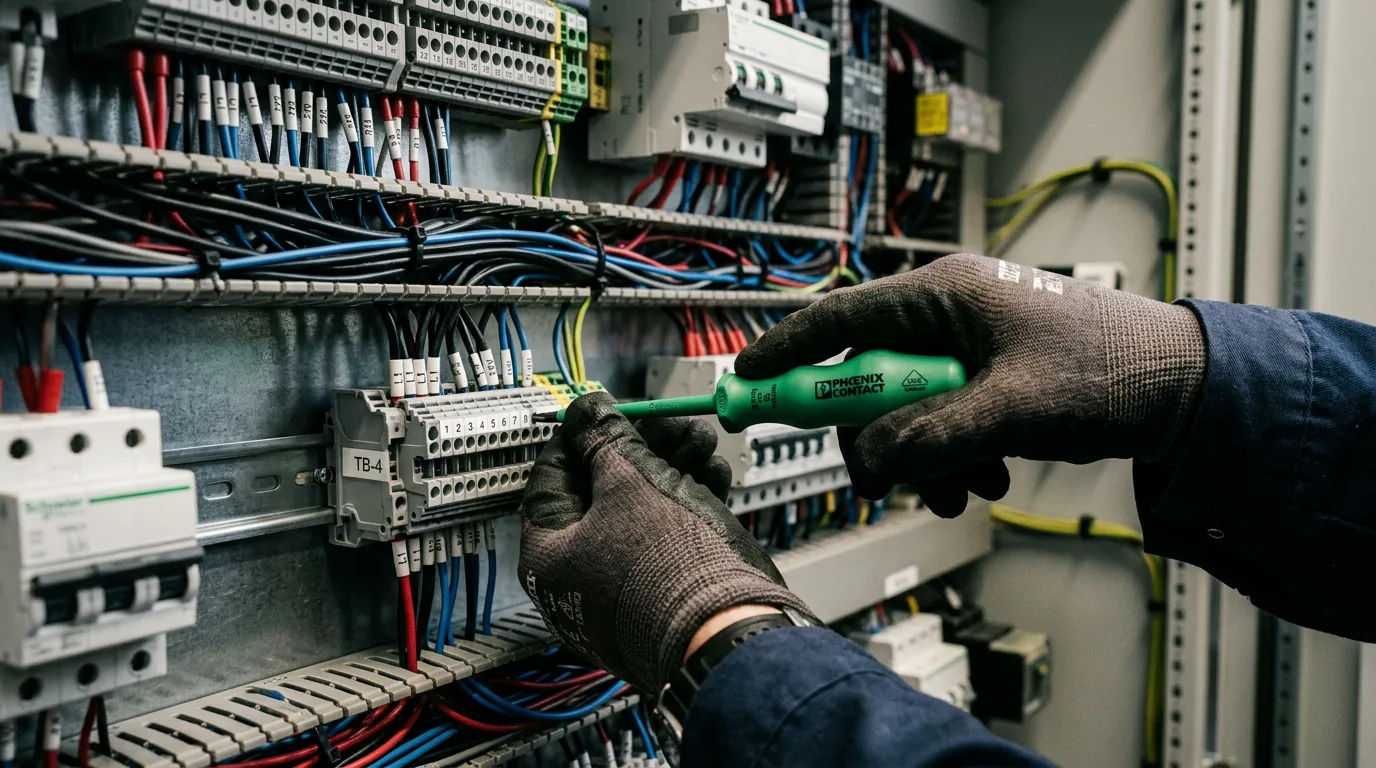 Hände eines Elektrikers bei der Prüfung an einem Verteilerkasten